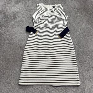 Ann Taylor Belted Bodycon Dress Womens 4 petite Black White Striped Sleeveless